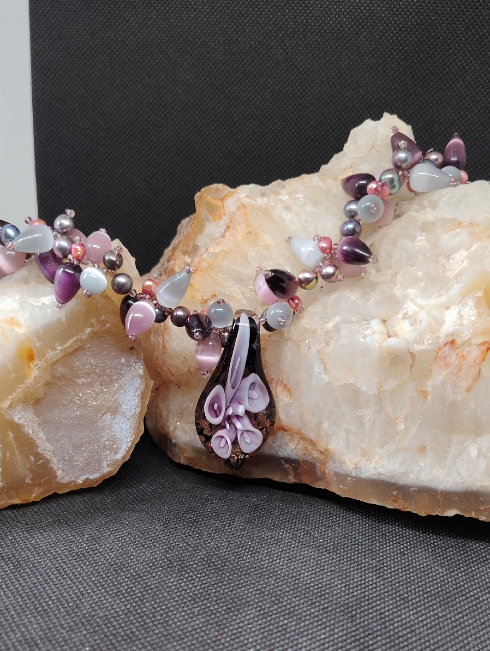 Handcrafted Pink and Purple Lampwork  Glass Moon Glow And Pearl Pendant Necklace